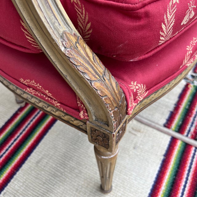 Textile A Vintage Red Upholstered Painted Decorated and Carved French Bergere Arm Chair For Sale - Image 7 of 12
