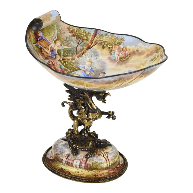 Late 19th Century Ludwig Politzer Gilt Silver & Viennese Enamel Compote With Figural Griffon & Tortoise For Sale