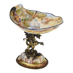 Late 19th Century Ludwig Politzer Gilt Silver & Viennese Enamel Compote With Figural Griffon & Tortoise