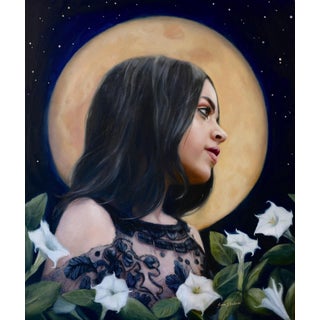 Night Bloom by Sara Scribner | Oil on Aluminum Portrait of a woman with flowers against a full moon. For Sale