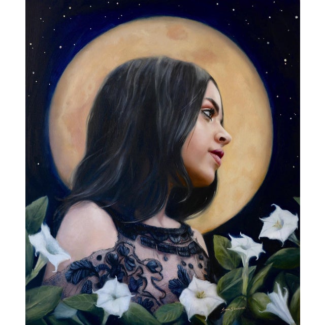 Night Bloom by Sara Scribner | Oil on Aluminum Portrait of a woman with flowers against a full moon. For Sale