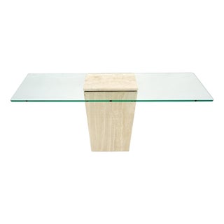 Rectangle Travertine Stone Base Glass Top Italian Console Sofa Table MINT! For Sale