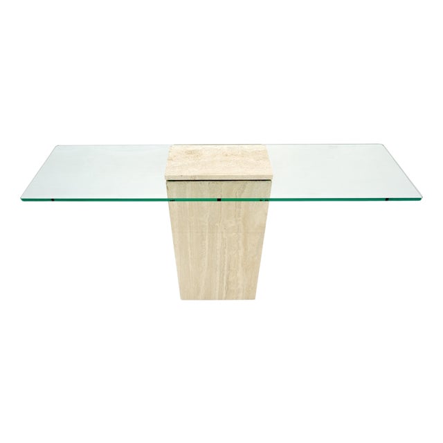 Rectangle Travertine Stone Base Glass Top Italian Console Sofa Table MINT! For Sale