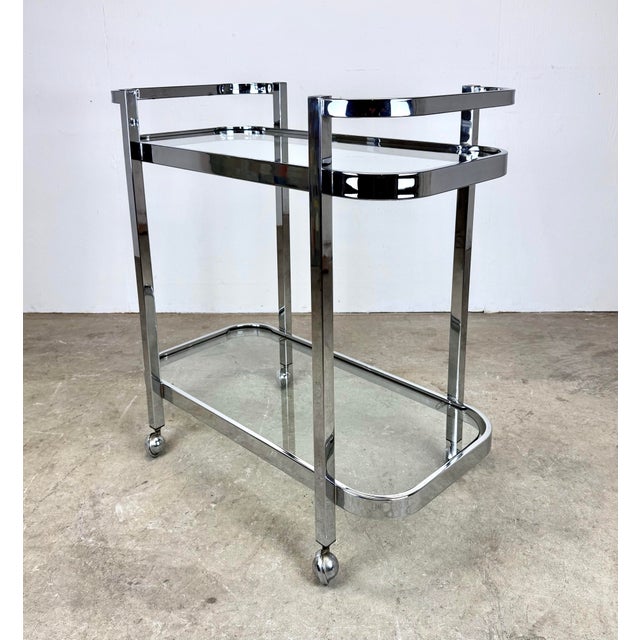 Mid-Century Modern 1970’s Polished Chrome & Glass Milo Baughman Two-Tier Tea / Bar Cart For Sale - Image 3 of 12