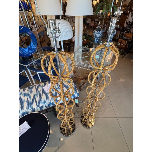 Boho Chic Vintage Modern Italian Bamboo & Chrome Floor Lamps Newly Wired - Pair For Sale - Image 3 of 13