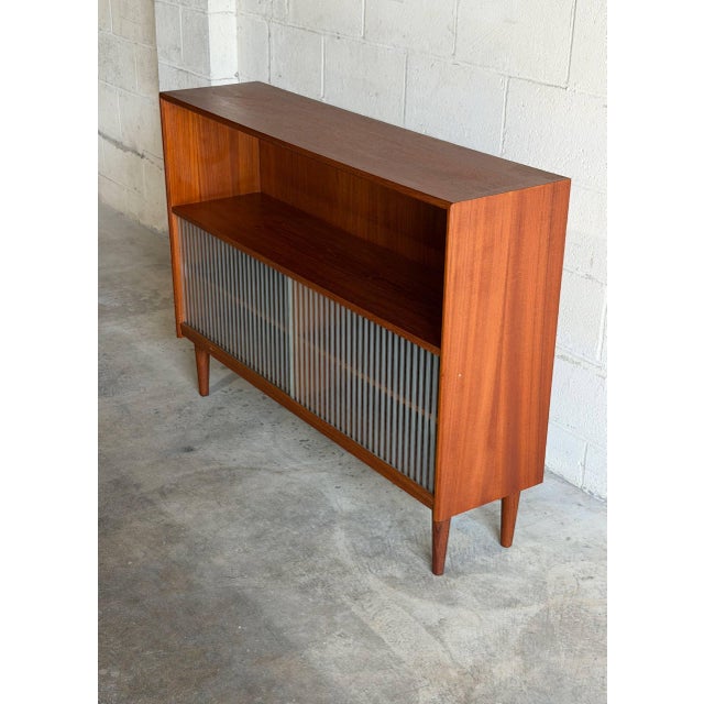Vintage Danish Modern Teak Cabinet Glass Door Bookcase Media Console For Sale - Image 4 of 9