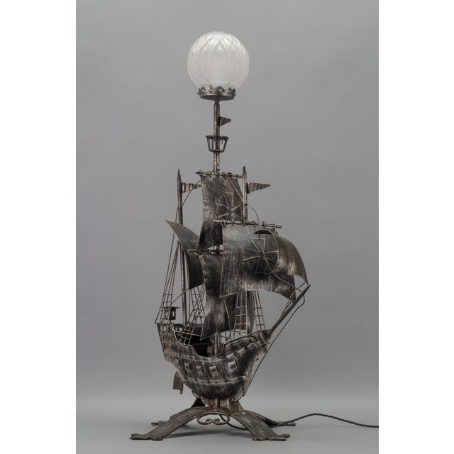 Black Spanish Wrought Iron and Glass Galleon Sailing Ship Shaped Floor Lamp, 1950s For Sale - Image 8 of 18
