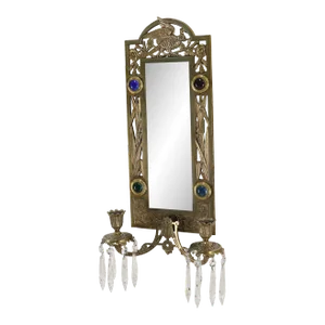 Antique Brass 2 Candle Mirror Jewel Decorated Wall Sconce 16 Prisms, circa 1875