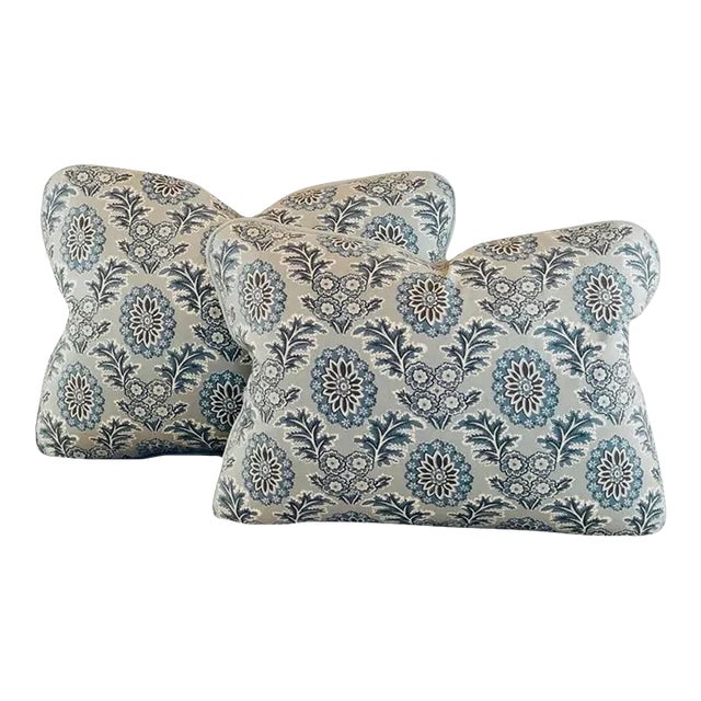 French General Aqua Ciel Blue Cream Gray Boheme Damask Floral French Country Pillow Covers- Pair For Sale