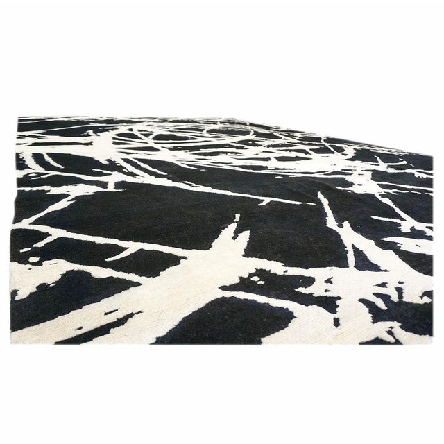 Indian Modern Orba Wool & Silk 9x12 Black & White Handmade Area Rug #1144033 For Sale - Image 4 of 5