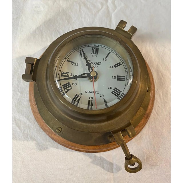 1980s Vintage Passat Ship Clock by Sarreid Metal on Wood Base. For Sale - Image 5 of 13
