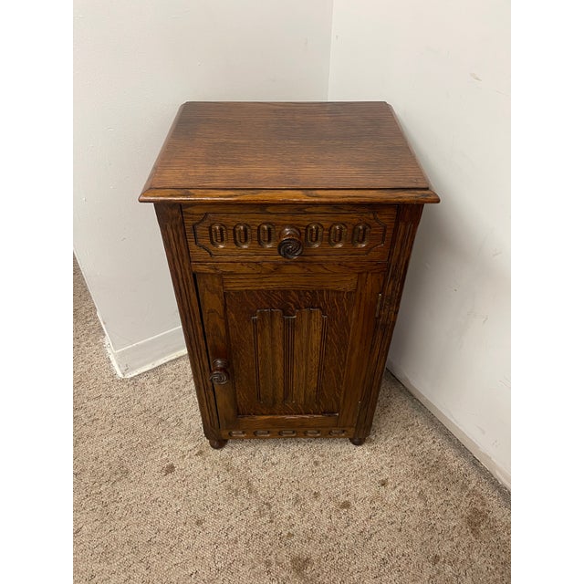 Wood Vintage Welsh Style End Table Cabinet With Drawer and Carved Panel Door For Sale - Image 7 of 9