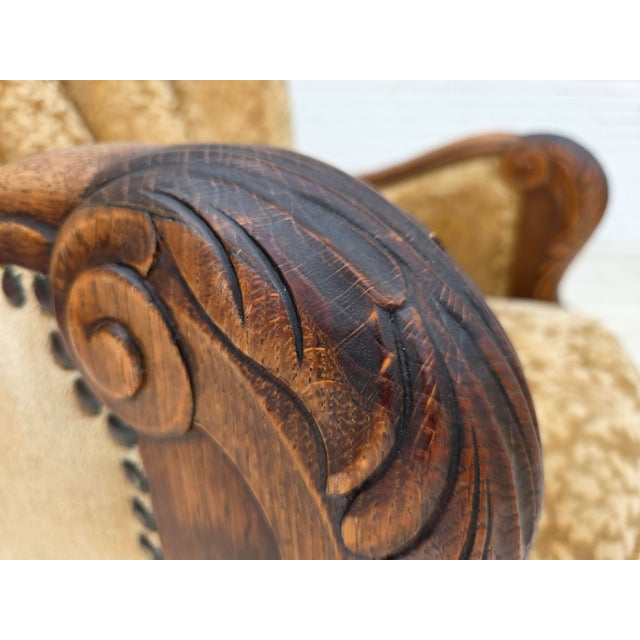 Danish Relax Armchair in Furniture Velour and Carved Oak Wood, 1950s For Sale - Image 12 of 18