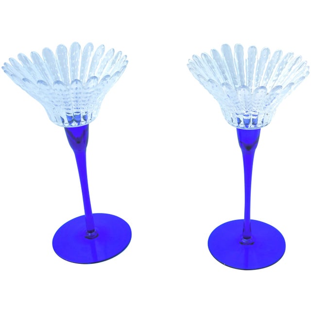 Blue Vintage Large Blue-Stemmed Crystal Candle Holders - Set of 2 For Sale - Image 8 of 8