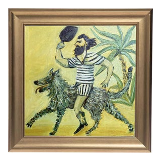 Original Pickleball Player & Wolf Painting in Brushed Gold Frame, Oil on Canvas, 15" X 15" by Tatiana Duperault For Sale