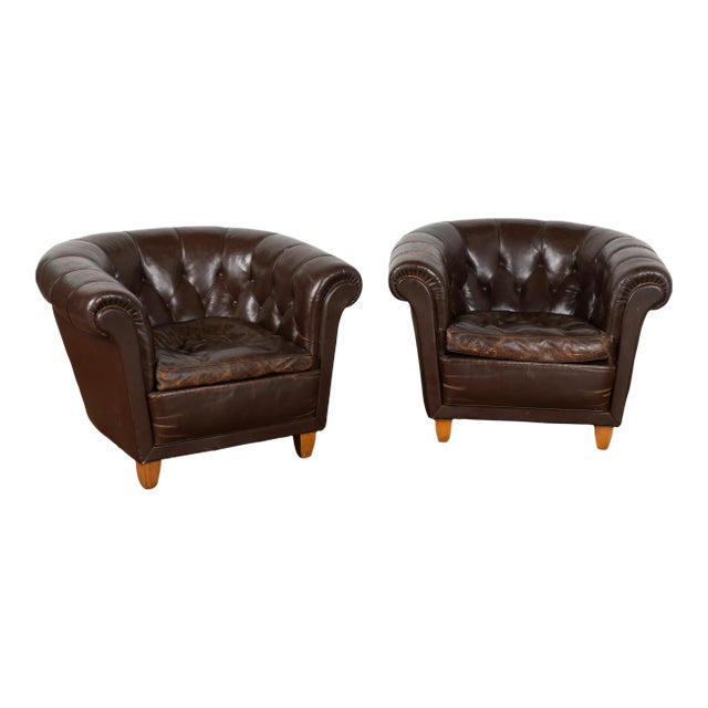 20th Century Vintage Brown Leather Club Chairs, Denmark For Sale
