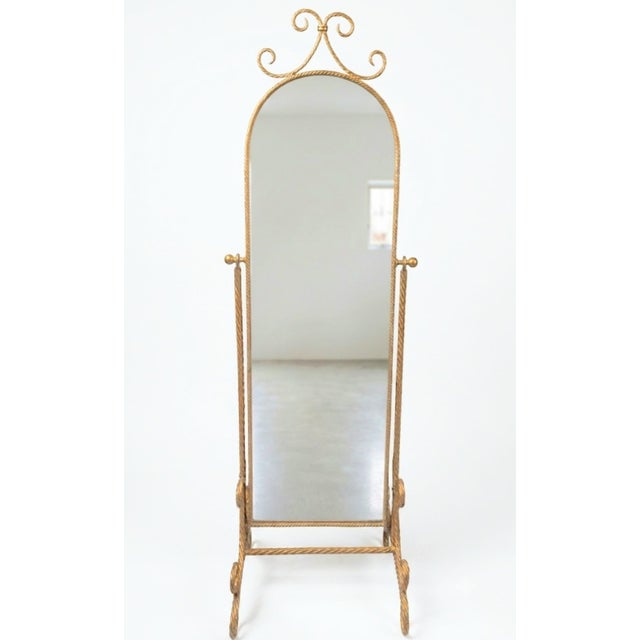 Vintage Italian Florentine Hollywood Regency Gold Gilt Wrought Iron Twisted Rope Metal Cheval Standing Floor Mirror For Sale - Image 11 of 14