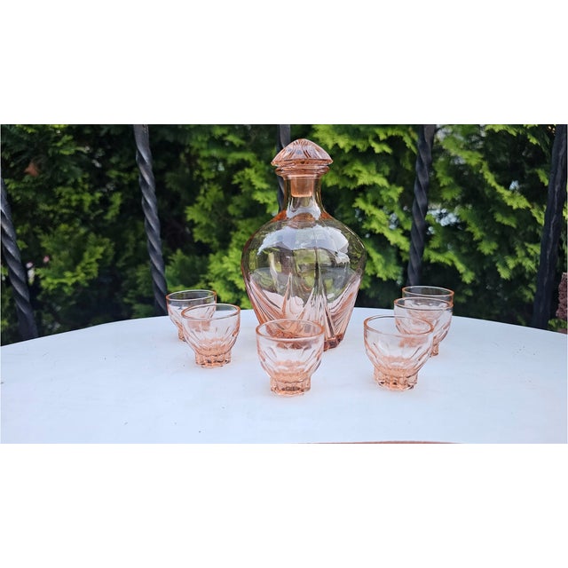 Pink Art Deco Rosaline Glass Decanter and Glasses, 1930s, Set of 7 For Sale - Image 8 of 8