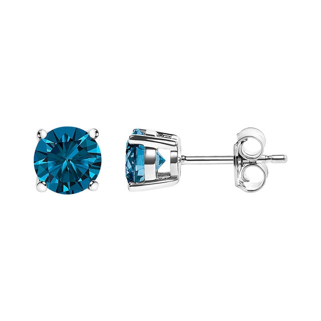 Contemporary 14K White Gold 1/2 Cttw Round Brilliant Cut Lab Grown Blue Diamond 4-Prong Classic Solitaire Stud Earrings, A Pair For Sale - Image 3 of 5