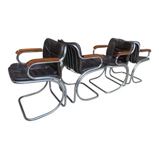 1970s Rinaldi Cantilever Chrome Leather Lounge Dining Arm Chairs - Set of 4 For Sale