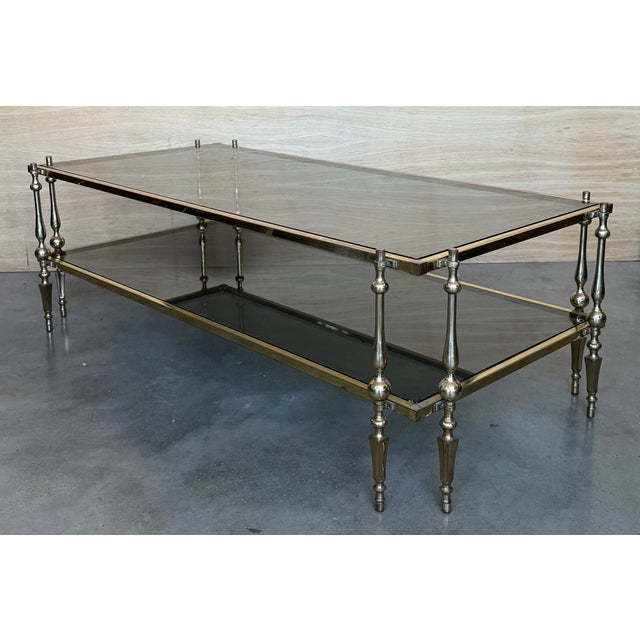 Glass Mid-Century Modern Two-Tier Brass With Fumé Glass Rectangular Side Table For Sale - Image 7 of 9