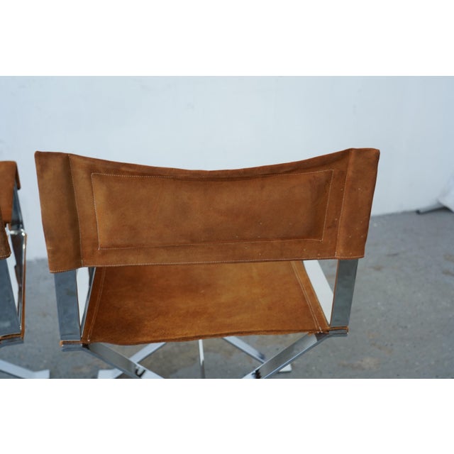 1970s Set of 4 Alessandro Albrizzi Chrome & Cognac Suede Director Chairs For Sale - Image 9 of 17