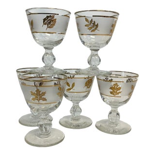 Mid-Century Hollywood Regency Libbey Cordial Toasting Glasses With Gold Leaves - Set of 6. For Sale