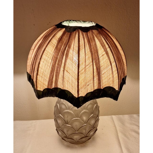 Art Deco Belgian Pineapple Lamp with Frosted Crystal Glass Base and Handmade Fabric Shade by Christalleries De Val St Lambert for Lamplove For Sale - Image 4 of 12