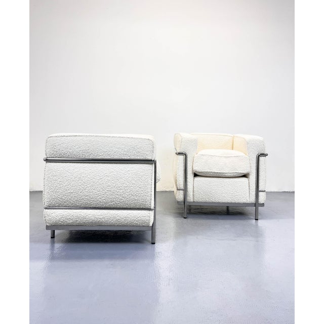 LC2 Chair in Bouclé Upholstery by Le Corbusier and Charlotte Perriand for Cassina, 2010s, in Flawless conditions. Designed...