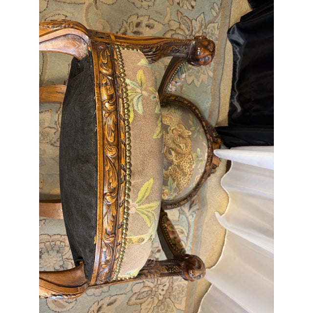 Late 20th Century Ornate French Transitional Style Carved Ram's Head Armchair in Leopard Tapestry For Sale - Image 10 of 13