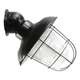 Vintage Industrial Black Enamel and Frosted Glass Wall Light For Sale