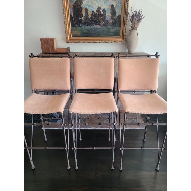Late 20th Century Ilana Goor Style 1970's Vintage Brutalist Iron Leather Stools Set of 3 For Sale - Image 5 of 15
