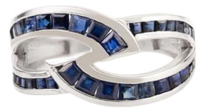 Modernist Square-Cut Blue Sapphire Interloped Band Ring Crafted in Sterling Silver - Size 7