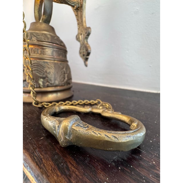Brass Vintage Gothic Revival Solid Brass Monastery Bell With Ornate Angel Bracket – 20” For Sale - Image 8 of 10