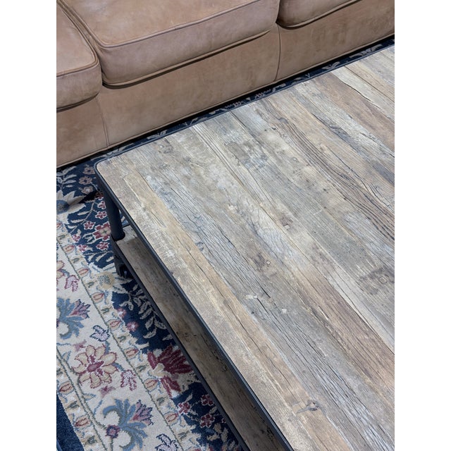 Restoration Hardware Restoration Hardware Dutch Industrial Reclaimed Elm & Steel Square Coffee Table With Casters For Sale - Image 4 of 7