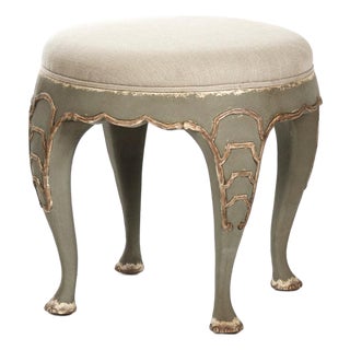 Leo Round Accent Stool - Natural Linen / Sage Gray Painted Frame For Sale