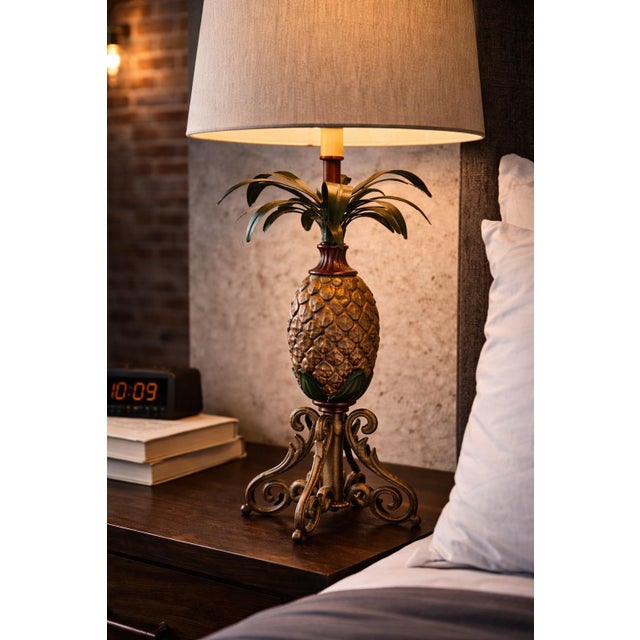Hollywood Regency Late 20th Century Solid Metal Pineapple Table Lamp With Scroll Base and Original Gray Shade For Sale - Image 3 of 12