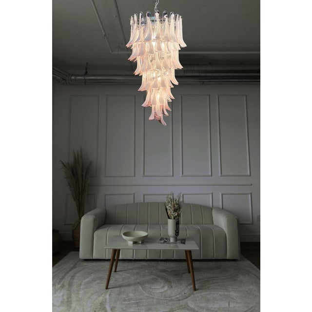 Glass Large Italian Murano Glass Spiral Chandelier with 83 Pink Glass Petals, 1990s For Sale - Image 7 of 12