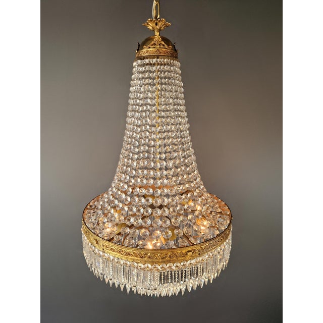 Brass Antique Crystal Basket Chandelier Brass Directoire Style Restored Empire Italy For Sale - Image 8 of 11