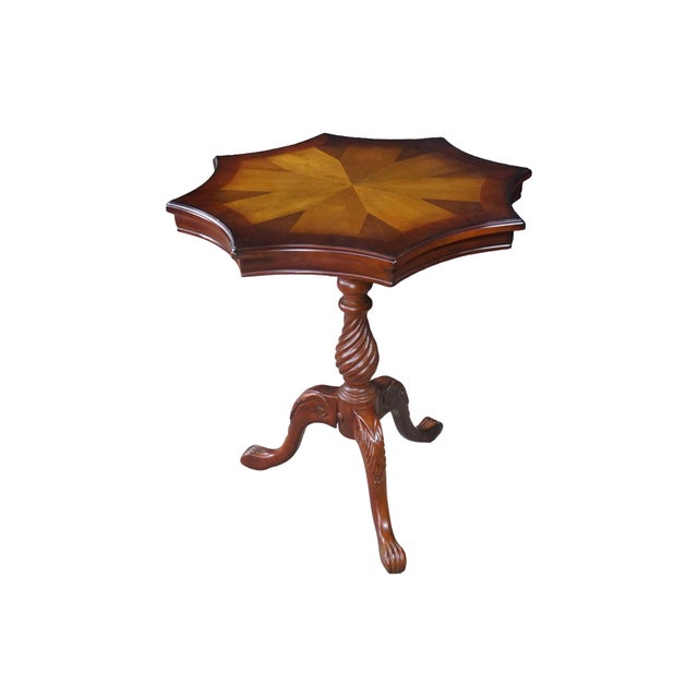 Chippendale Vintage Georgian Style Scalloped Mahogany Starburst Inlaid Pedestal Side Table For Sale - Image 3 of 18
