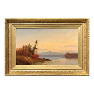 19th Century Sunset on the Hudson River Oil Painting