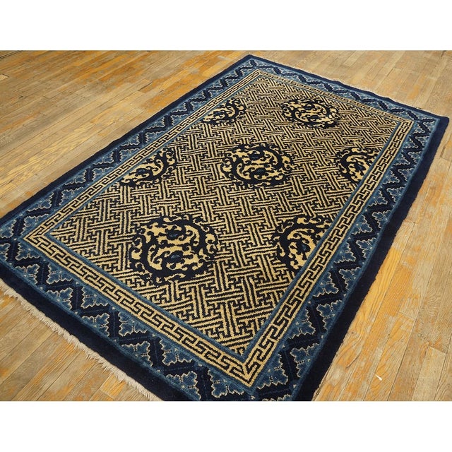 Navy Blue 1920s Blue Medallion Antique Chinese Peking Dragon Greek Key Knotted Wool Rug For Sale - Image 8 of 10