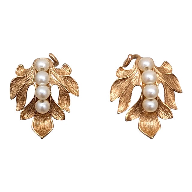Vintage 1960s Signed Napier Goldtone Leaf With Faux-Pearls Clip Earrings-2 Pieces For Sale