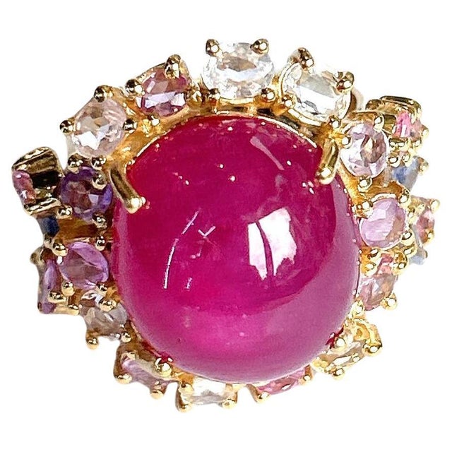 Bochic “Orient” Ruby & Multi Pastel Color Sapphire Cluster Ring Set 18K & Silver, Size 8.5 For Sale