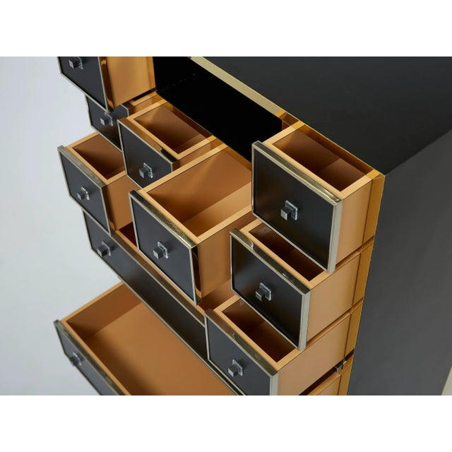 1970s Vintage Michel Pigneres Brass Chrome Black Cabinet Secretaire For Sale - Image 11 of 13