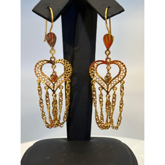 Gold Vintage 21 Kt Yellow Gold 7.5 Gm Heart Dangling Earrings, 2.6 Inch Long For Sale - Image 8 of 8