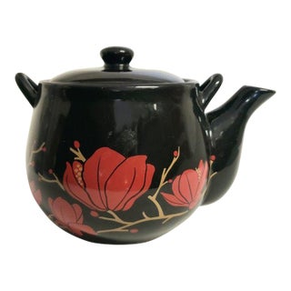 Vintage Japanese Black Ceramic Kyusu Teapot With Red Floral Motif For Sale