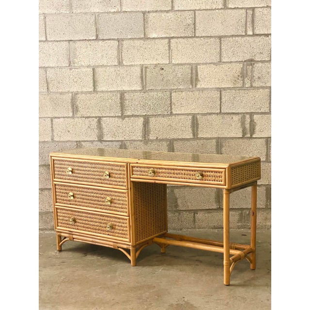 Vintage Coastal Woven Rattan Desk With Attached Chest of Drawers Chairish