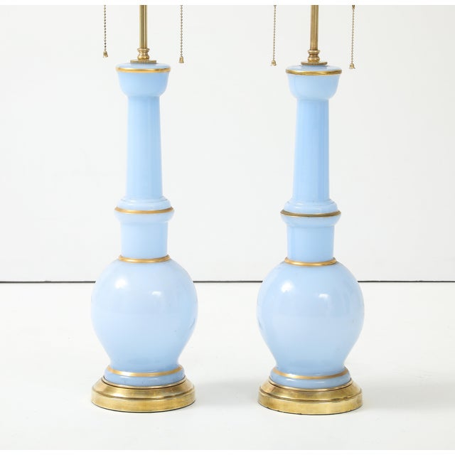 Warren Kessler Blue Glass And Brass 1950's Table Lamps - A Pair For Sale In New York - Image 6 of 12