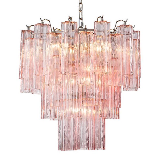 Aloadecor 23'' Modern Pink Textured Glass Chandelier in Polished Nickel Elegant Glam Tiered Pendant Light For Sale - Image 12 of 12